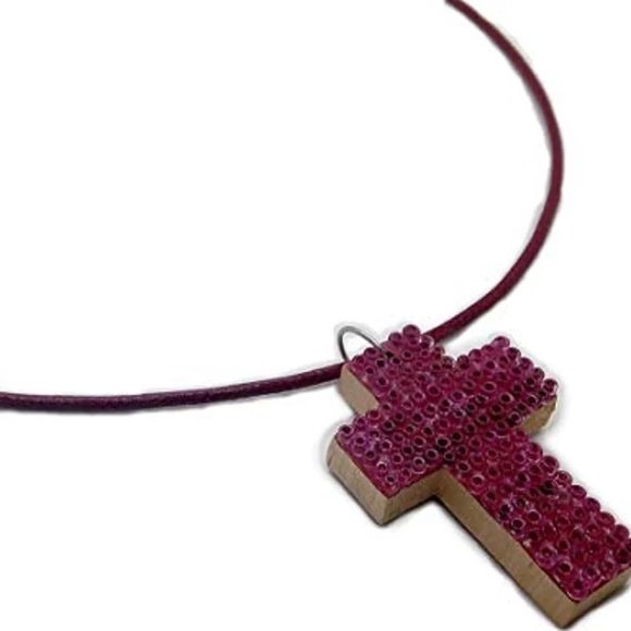 Wooden Beaded Cross Necklace - Pink handmade handcrafted - Picture 3 of 5